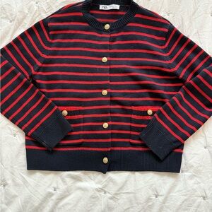 Zara Navy and Red Striped Sweater